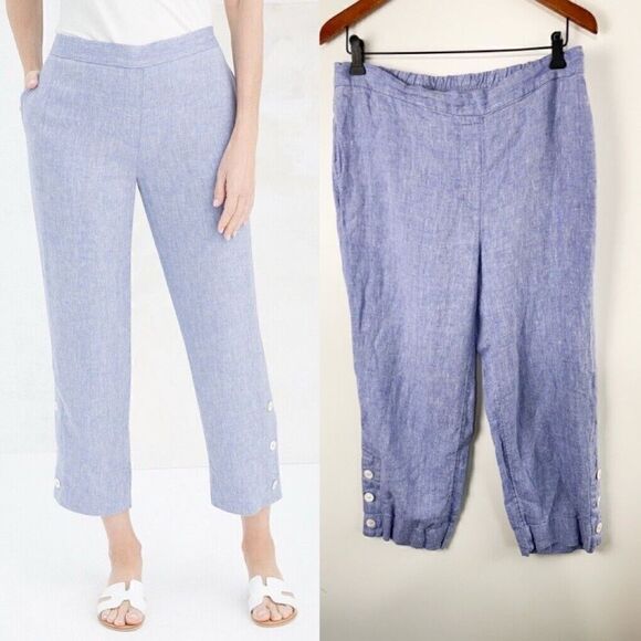 CHICO'S Pull On Elastic Linen Button Hem Crop Pants Size 1.5 US 10 Blue - Picture 1 of 6